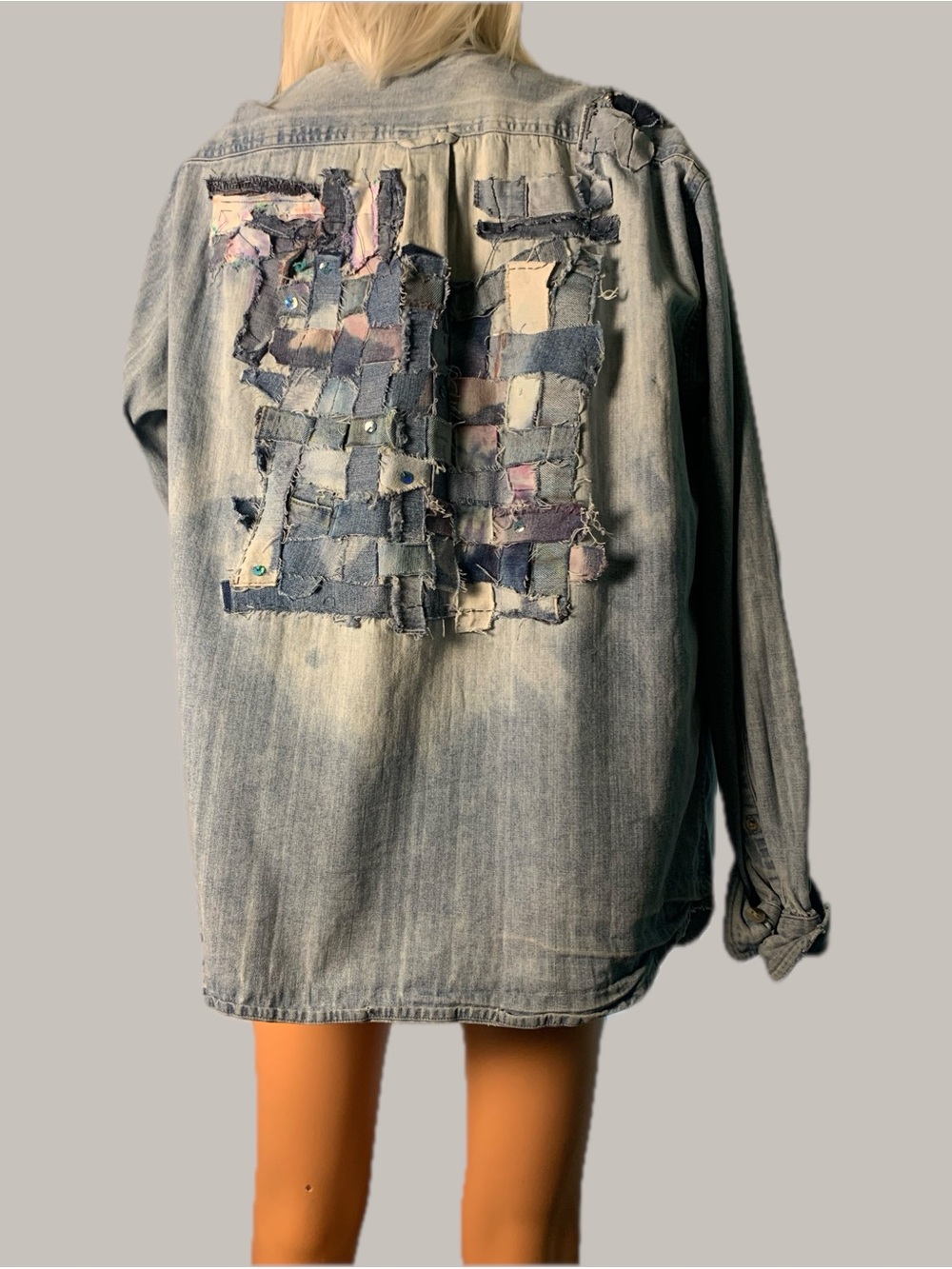 Light Blue Denim Button-Down Shirt Jacket with Patchwork